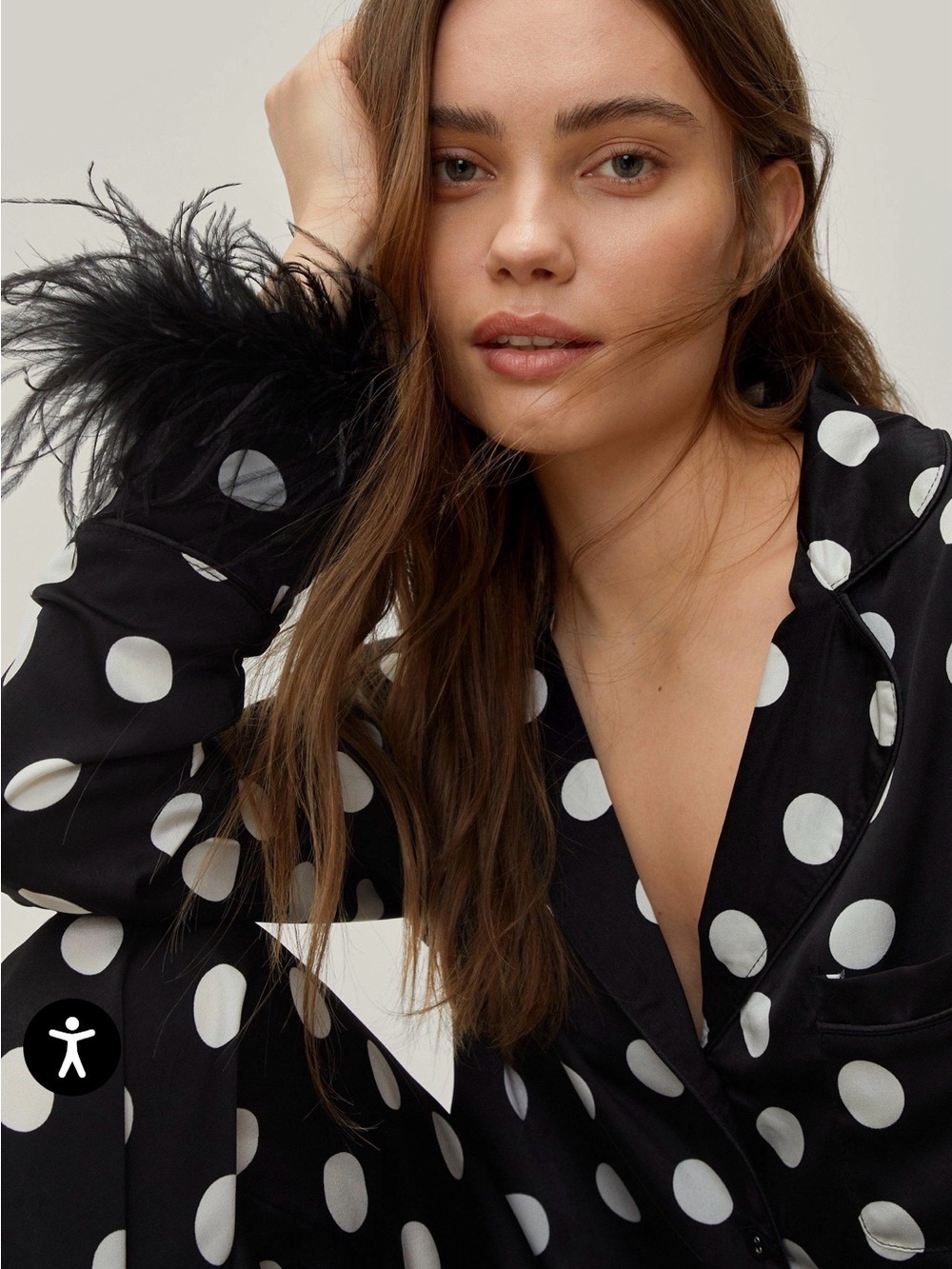 NWT Polka Dot Feather-Cuff Satin Pajama Set Nasty Gal